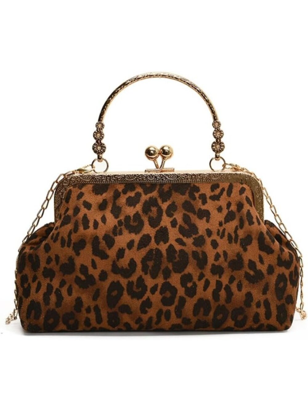 Faux Suede Kiss Lock Evening Clutch Purse with Chain Shoulder Strap